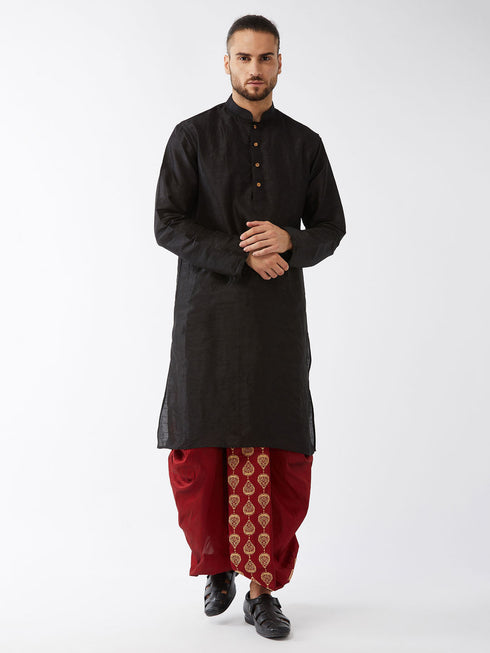 Vastramay Men's Black And Maroon Silk Blend Kurta And Dhoti Set